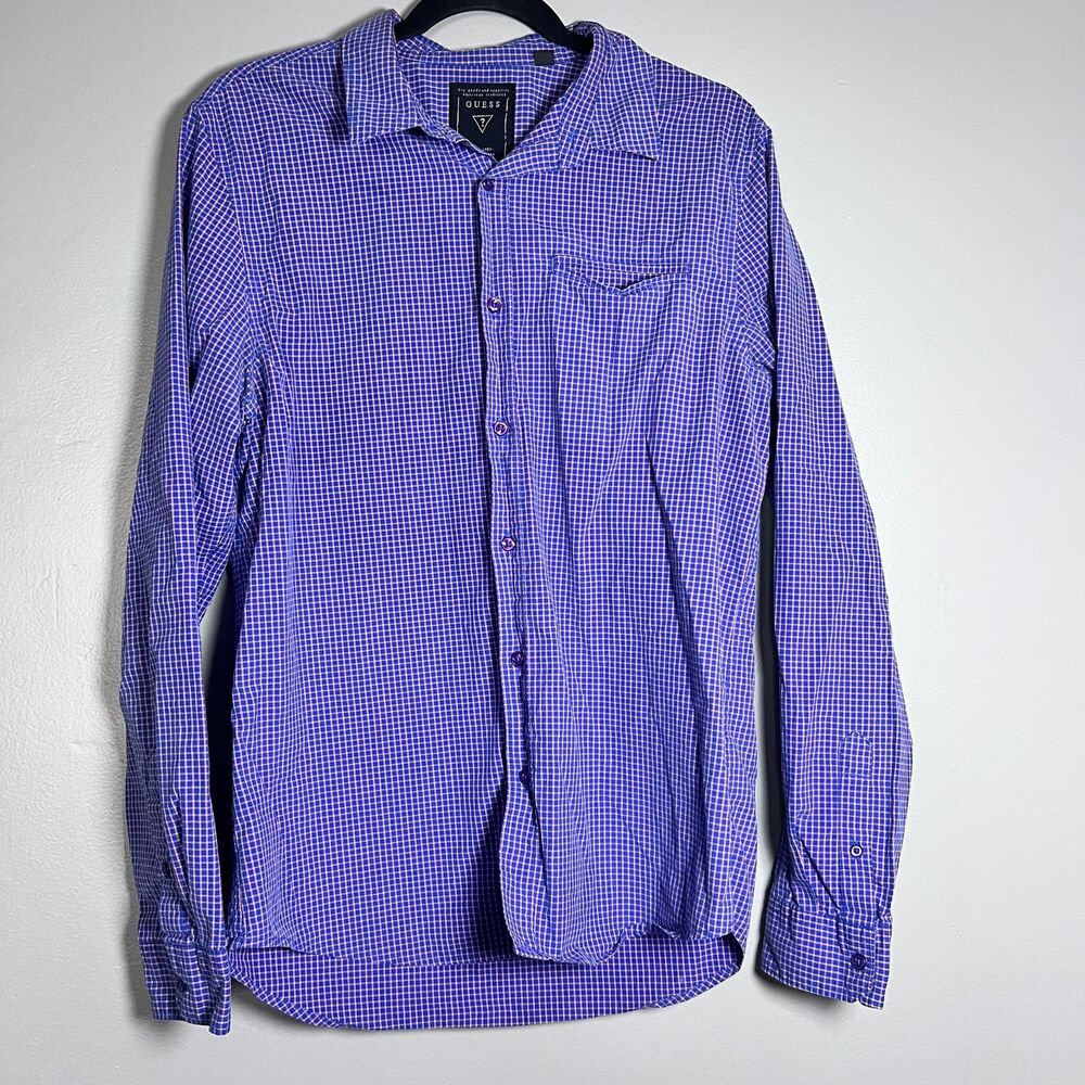 Guess Men’s Button Up Shirt Purple Gingham Check Long Sleeve Size Large